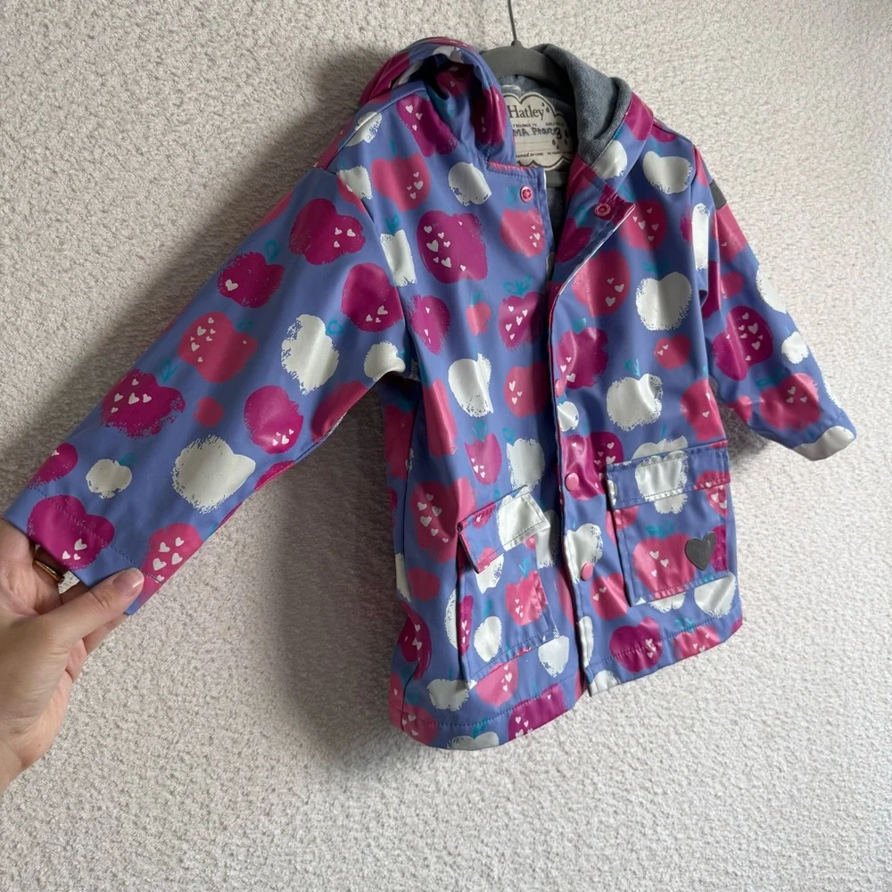 Hatley Baby Terry‎ Lined Purple Apple Heart Print Raincoat Size 3T